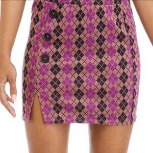 Women's Pink & Black Argyle Mini Skirt with Side Buttons